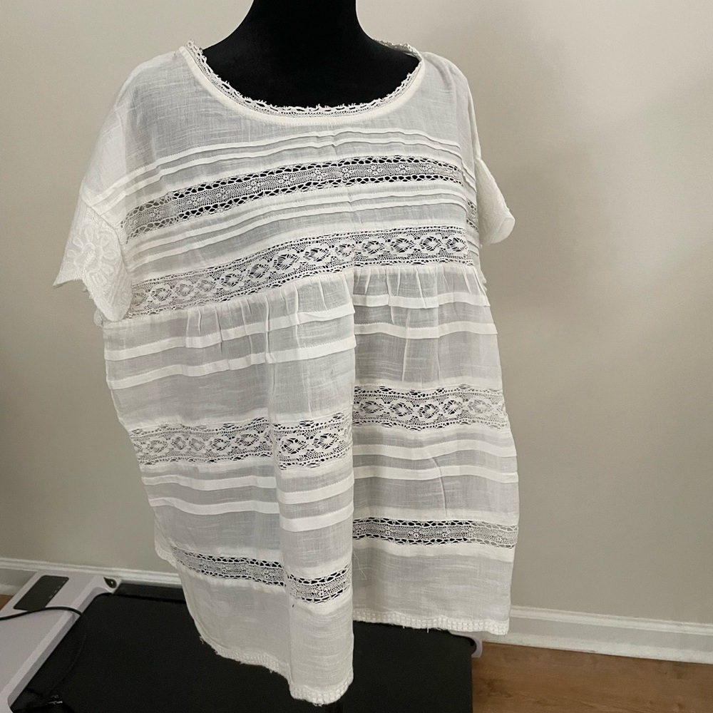 Sundance Aria Catalog Women's 100%Cotton Boho Blouse White Lace Large